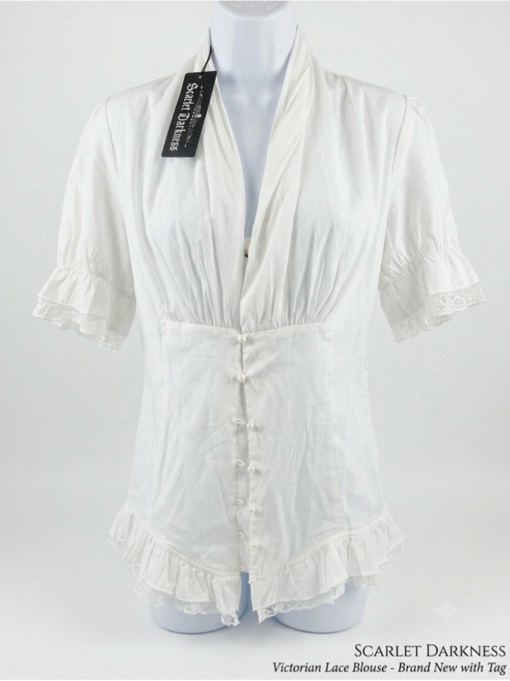 Scarlet Darkness Victorian Blouse Women's Size L White Lace Trimmed Top NWT